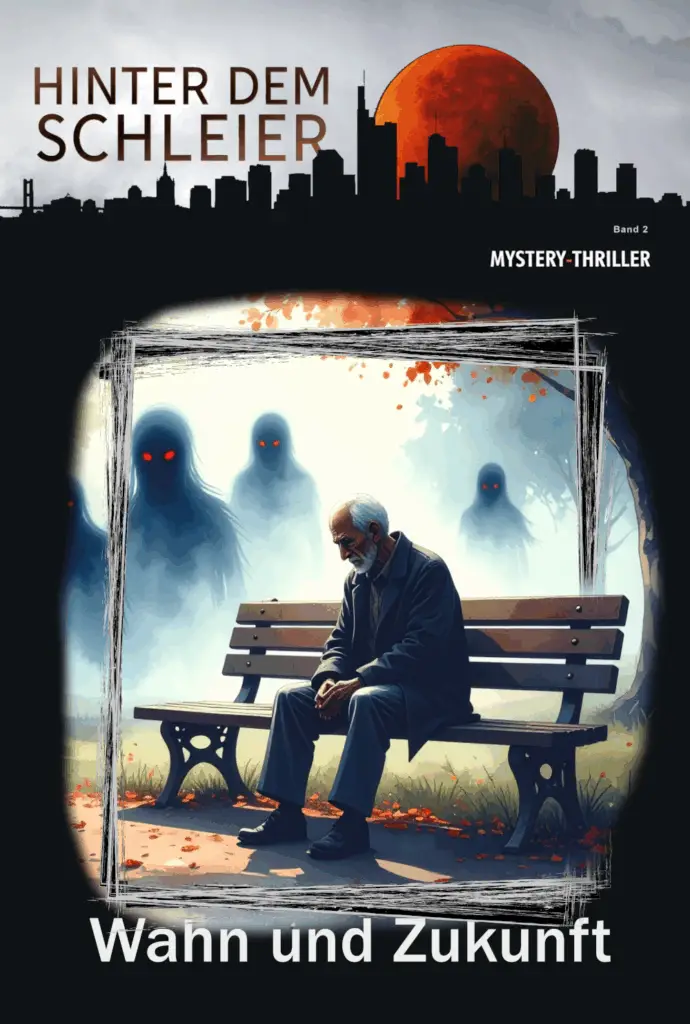 Cover Wahn und Zukunft Alter Mann auf einer Parkbank im Hintergrund Schatten im Nebel