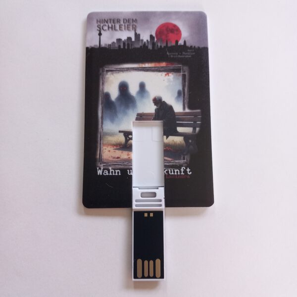 USB Stick mit Cover "Hinter dem Schleier" Band 2 "Wahn und Zukunft" aufgeklappt.