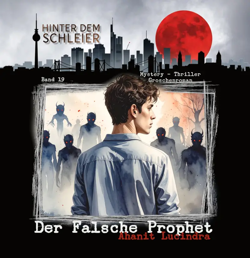Hörbuch Cover Band 19 Der Falsche Prophet Ein junger mann steht mit dem Rücken zum Betrachter zeigt sein Gesicht im Halbprofil Vor ihm viele Schatten mit leuchtendroten Auge im Hintergrund ein Kahler Baum