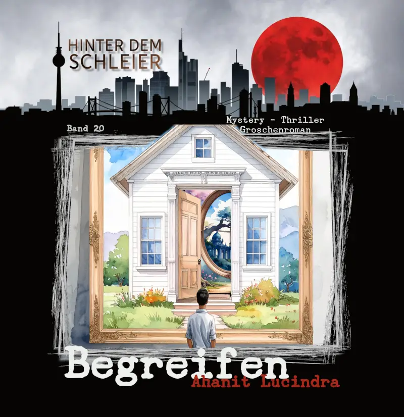 Hörbuch Cover Band 20 Begreifen Ein Mann steht vor einem Riesigen Gemäle eines Hauses in dessen Türrahmen eine andere Welt zu sehen ist in dieser Welt steht wiederum ein Bilderrahmen der eine dritte Welt zeigt.