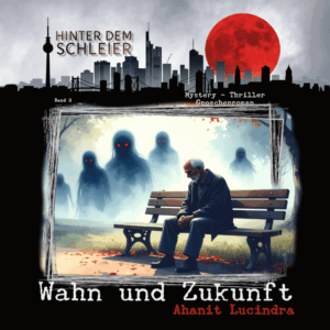 Cover Hörbuch Wahn und Zukunft. Ein Alter Mann auf einer Parkbank im Hintergrund Schatten im Nebel