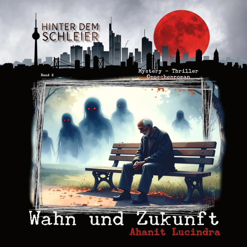 Cover Hörbuch Wahn und Zukunft. Ein Alter Mann auf einer Parkbank im Hintergrund Schatten im Nebel
